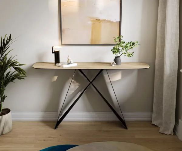 DELIFE Konzolový stolík Edge zaoblený 140×40 cm keramika Laminam® Sabbia dubová farba Velio kov čierna