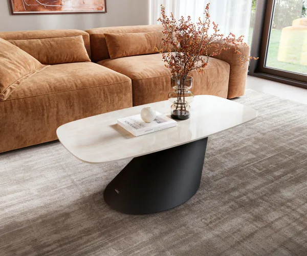 DELIFE Konferenčný stolík Edge zaoblený 100×50 cm keramika onyx šampanské Conis kov čierna