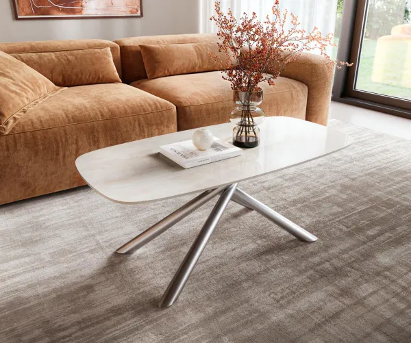 DELIFE Konferenčný stolík Edge zaoblený 100×50 cm keramika onyx šampanské Sarity nerezová oceľ kefovaná