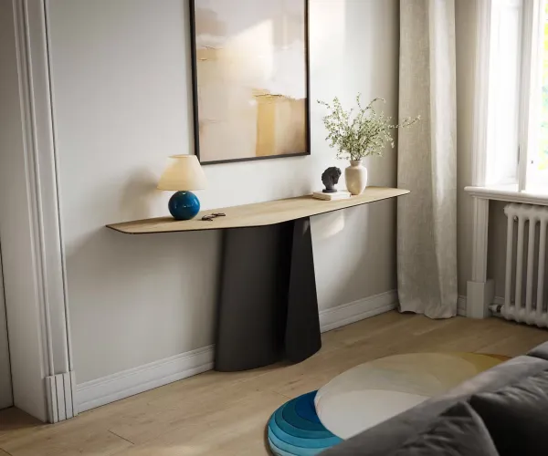 DELIFE Konzolový stolík Edge polygonálny 180×50 cm keramika Laminam® Sabbia dubová farba Livos kov čierna