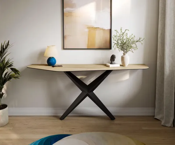 DELIFE Konzolový stolík Edge polygonálny 180×50 cm keramika Laminam® sabbia dubová farba Zentharo kov čierna