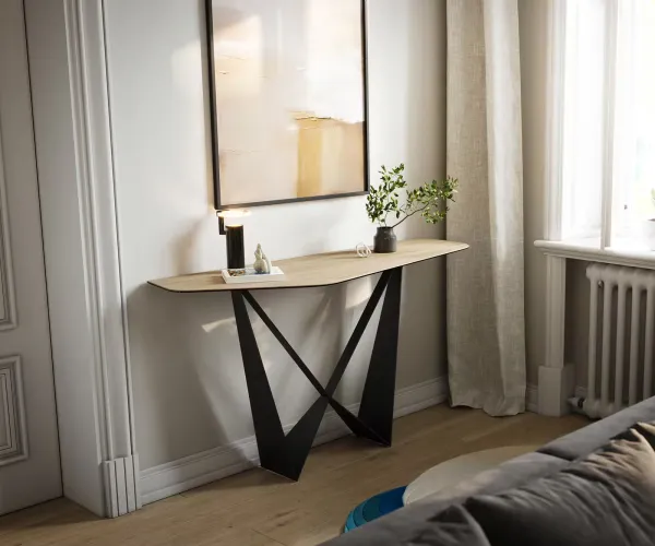 DELIFE Konzolový stolík Edge polygonálny 140×50 cm keramika Laminam® sabbia v dubovej farbe Spios kov čierna