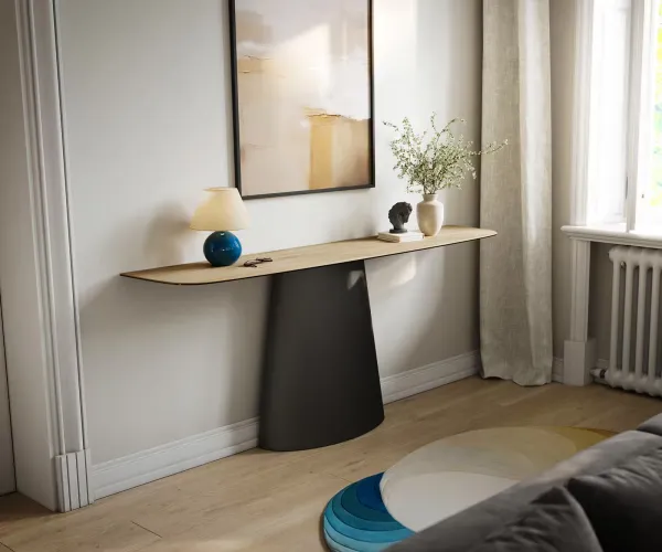 DELIFE Konzolový stolík Edge zaoblený 180×40 cm keramika Laminam® sabbia dubová farba Conos kov čierna