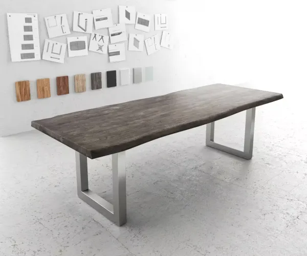 DELIFE Jedálenský stôl Edge 260×100 XL akácia platinová nerezová oceľ široký Live-Edge