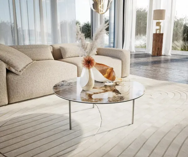DELIFE Konferenčný stolík Edge okrúhly 90×90 cm keramika Patagonia leštená Trive nerezová oceľ kefovaná