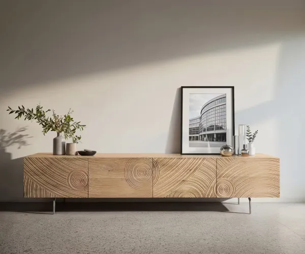 DELIFE TV stolík Ashara 220 cm dub prírodná 3D efekt 4 dvierka podstava v tvare L nerezová oceľ kefovaná