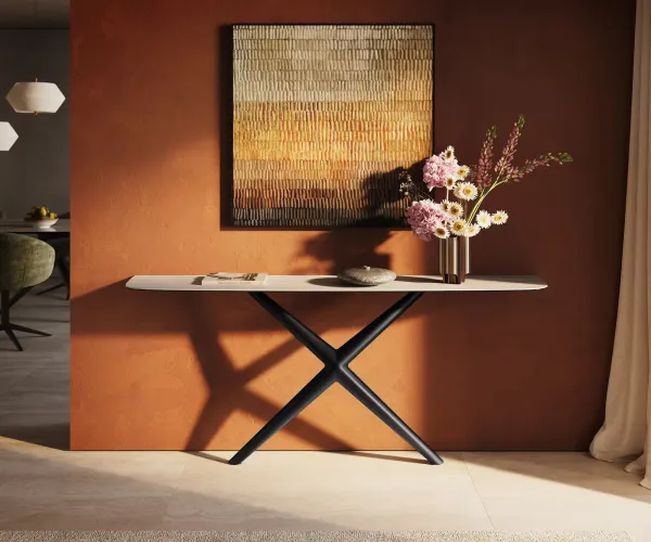 DELIFE Konzolový stolík Edge zaoblený tvar 180×40 cm keramika Laminam® Travertino Bianco krémovo biela Estelo kov čierna