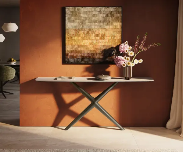 DELIFE Konzolový stolík Edge zaoblený 180×40 cm keramika Laminam® Travertino Bianco krémovo biela Estelo kov titánová farba