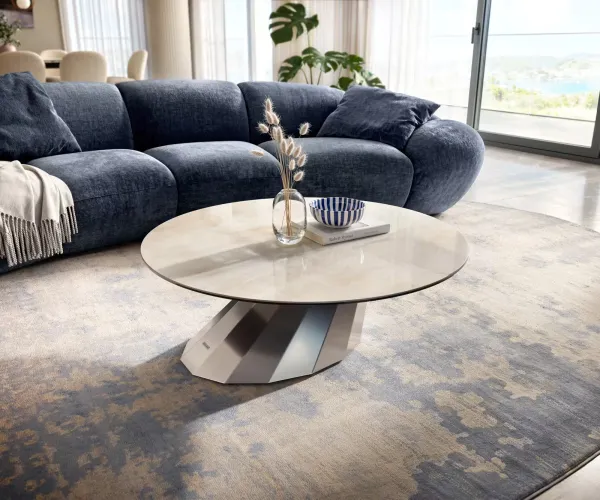 DELIFE Konferenčný stolík Edge okrúhly 100×100 cm keramika onyx šampanské parabi nerezová oceľ kefovaná