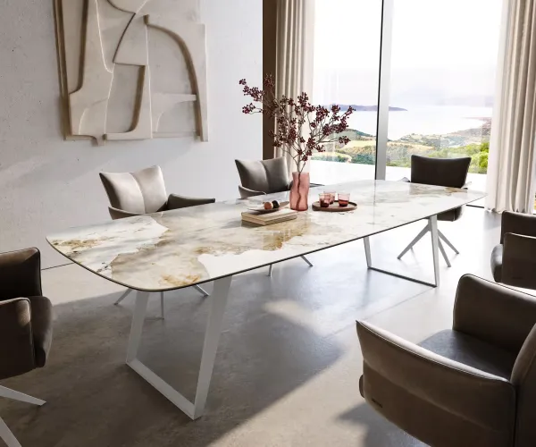 DELIFE Jedálenský stôl Edge zaoblený tvar 300×120 cm keramika Minas Melange bielo-béžová kov šikmý biely