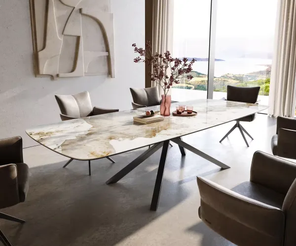 DELIFE Jedálenský stôl Edge zaoblený tvar 300×120 cm keramika Minas Melange bielo-béžová krížová podstava pravouhlý nerezová oceľ grafitová