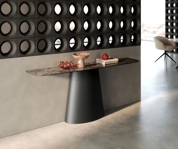 DELIFE Konzolový stolík Edge zaoblený tvar 180×40 cm keramika Emperador Extra Lucidato tmavohnedá kužeľová kov čierna