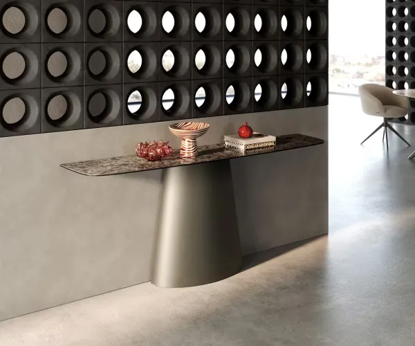 DELIFE Konzolový stolík Edge zaoblený tvar 180×40 cm keramika Emperador Extra Lucidato tmavohnedá kužeľová kovová podstava titánová farba