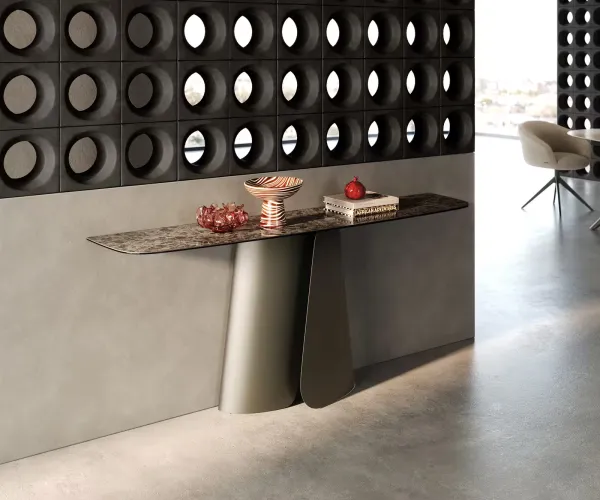 DELIFE Konzolový stolík Edge zaoblený 180×40 cm keramika Emperador Extra Lucidato tmavohnedá Livos kov titánová farba