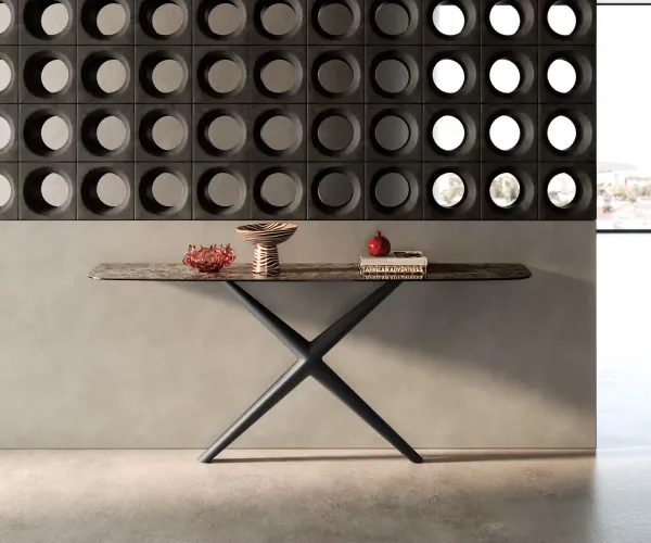 DELIFE Konzolový stolík Edge zaoblený 180×40 cm keramika Emperador Extra Lucidato tmavohnedá Estelo kov čierna