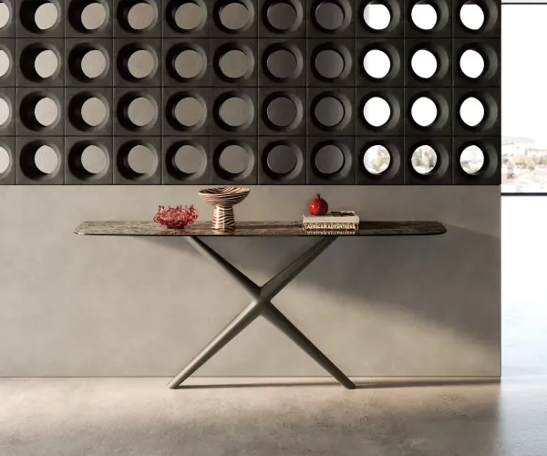 DELIFE Konzolový stolík Edge zaoblený 180×40 cm keramika Emperador Extra Lucidato tmavohnedá Estelo kov titánová farba
