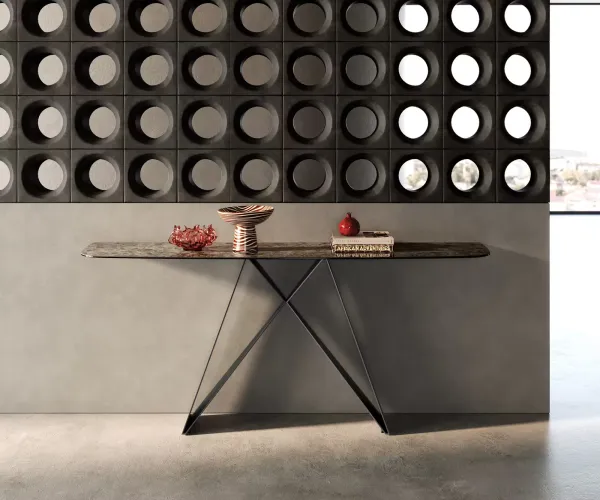 DELIFE Konzolový stolík Edge zaoblený 180×40 cm keramika Emperador Extra Lucidato tmavohnedá Velio kov čierna