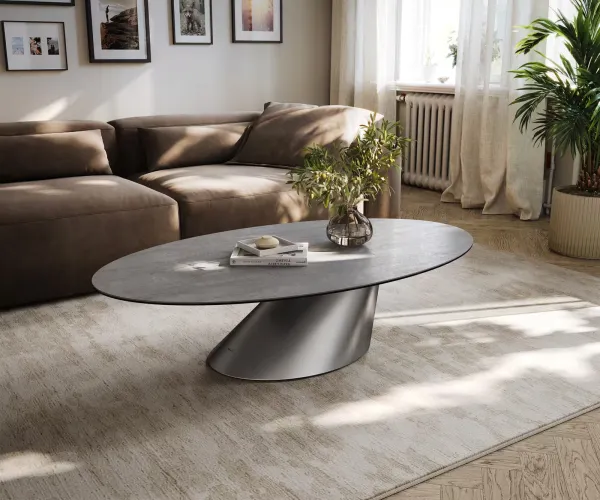 DELIFE Konferenčný stolík Edge oválny 140×80 cm keramika betónová sivá Conis nerezová oceľ kefovaná