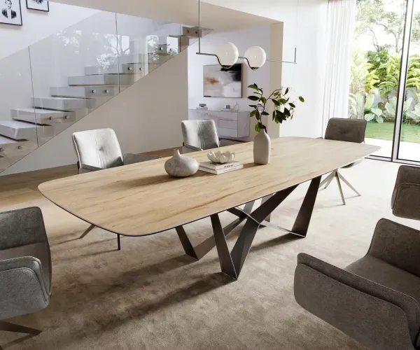 DELIFE Jedálenský stôl Edge zaoblený 300×120 cm keramika Laminam® Sabbia dubová farba pavúk plochá oceľ nerezová oceľ grafitová