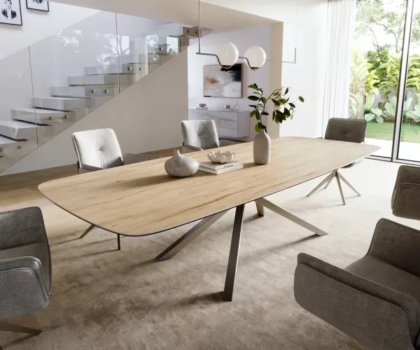 DELIFE Jedálenský stôl Edge zaoblený 300×120 cm keramika Laminam® sabbia v dubovej farbe krížová podstava nerezová oceľ grafitová