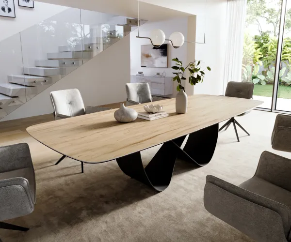 DELIFE Jedálenský stôl Edge zaoblený 300×120 cm keramika Laminam® sabbia v dubovej farbe Infinity kov čierna