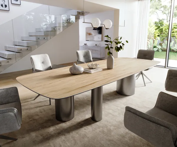 DELIFE Jedálenský stôl Edge zaoblený 300×120 cm keramika Laminam® Sabbia dubová farba Troa nerezová oceľ grafitová