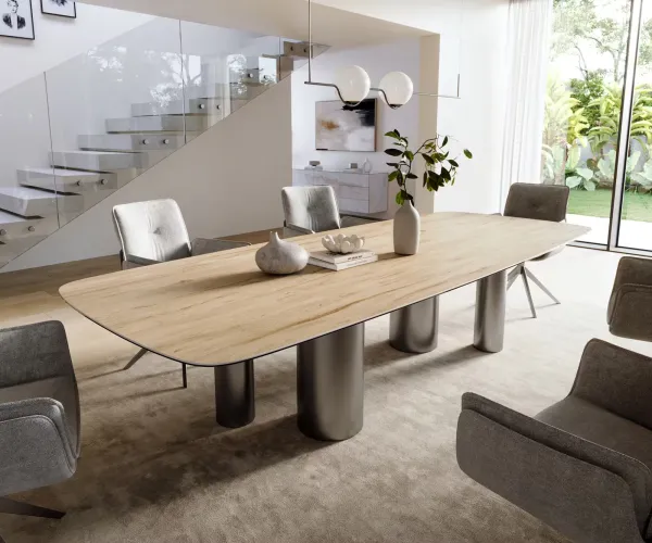 DELIFE Jedálenský stôl Edge zaoblený 300×120 cm keramika Laminam® Sabbia dubová farba podstava nerezová oceľ grafitová