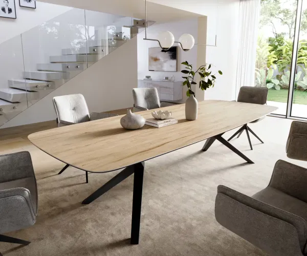 DELIFE Jedálenský stôl Edge zaoblený 300×120 cm keramika Laminam® Sabbia dubová farba Zenthara hranatý kov čierny