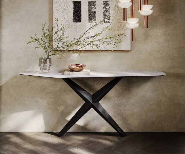 DELIFE Konzolový stolík Edge polygonálny 180×50 cm keramika Laminam® Statuarietto biela Zentharo kov čierna