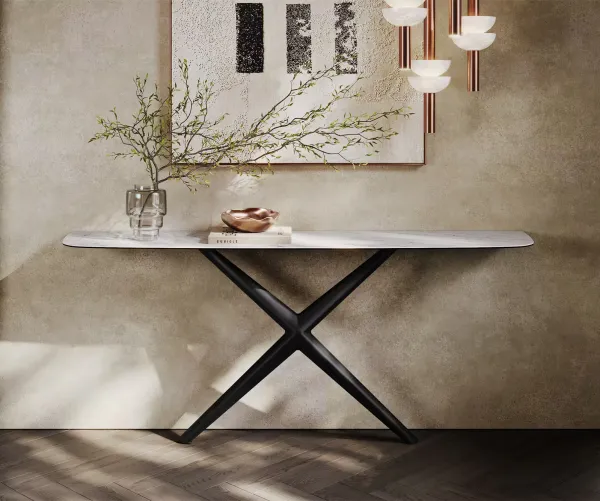 DELIFE Konzolový stolík Edge zaoblený tvar 180×40 cm keramika Laminam® Statuarietto biela Estelo kov čierna