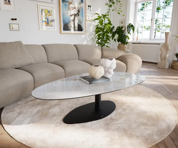 DELIFE Konferenčný stolík Edge oválny 140×75 cm keramika onyx perla Vibany kov čierna