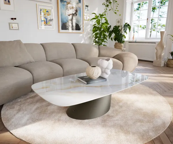 DELIFE Konferenčný stolík Edge zaoblený tvar 140×80 cm keramika Onyx Pearl Conis kov titánová farba efekt