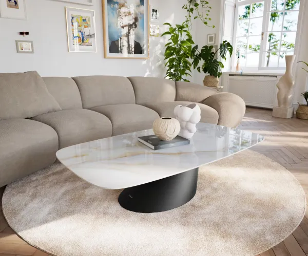 DELIFE Konferenčný stolík Edge zaoblený tvar 140×80 cm keramika onyx perla salto kov čierna