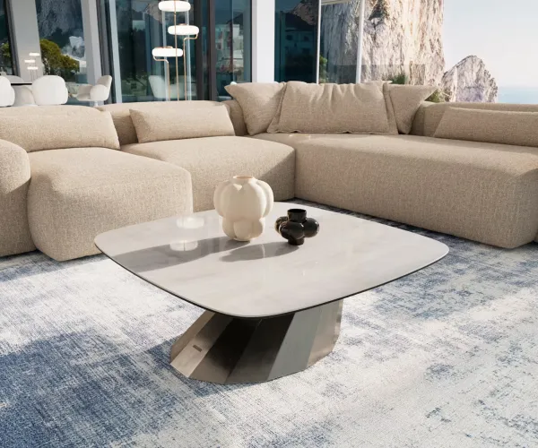DELIFE Konferenčný stolík Edge zaoblený tvar 90×90 cm keramika onyx šampanské Parabi nerezová oceľ kefovaná