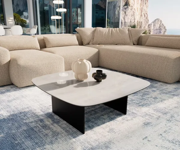 DELIFE Konferenčný stolík Edge zaoblený 90×90 cm keramika onyx šampanské salto kov čierna