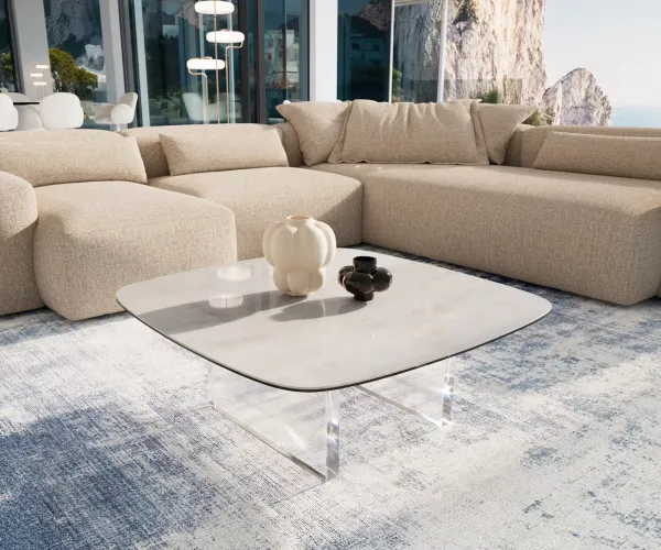 DELIFE Konferenčný stolík Edge zaoblený 90×90 cm keramika onyx champagne Lumia akryl