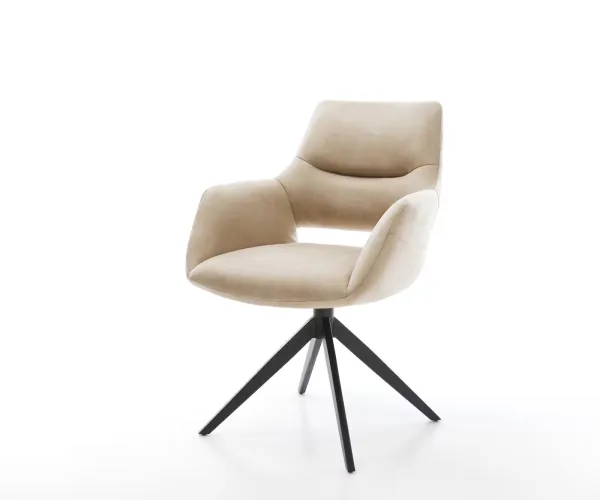 DELIFE Jedálenská stolička Yago-Flex s opierkami mikrovlákno béžová vintage krížová podstava široká čierna otočná o 360° s hojdacou funkciou vrecková pružina