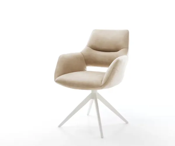 DELIFE Jedálenská stolička Yago-Flex s opierkami mikrovlákno béžová vintage krížová podstava široká biela otočná o 360° s hojdacou funkciou vrecková pružina
