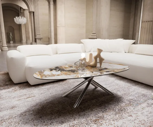 DELIFE Konferenčný stolík Edge oválny 140×75 cm keramika Patagonia leštený Sarity kov efektfinish titánová
