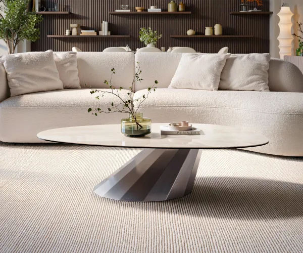 DELIFE Konferenčný stolík Edge oválny 140×75 cm keramika onyx šampanské Parabi nerezová oceľ kefovaná