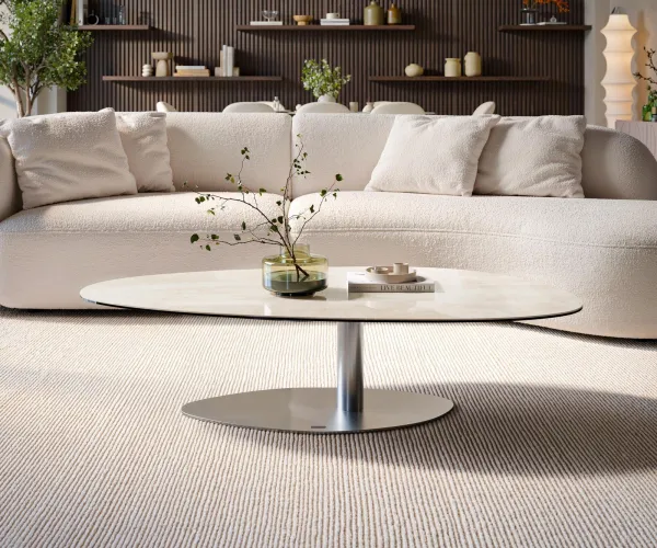 DELIFE Konferenčný stolík Edge oválny 140×75 cm keramika onyx šampanské Vibany nerezová oceľ kefovaná