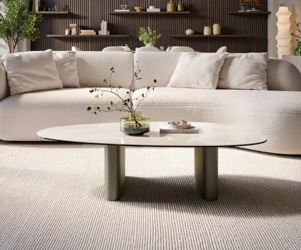 DELIFE Konferenčný stolík Edge oválny 140×75 cm keramika onyx champagne Ovada titánová farba efekt