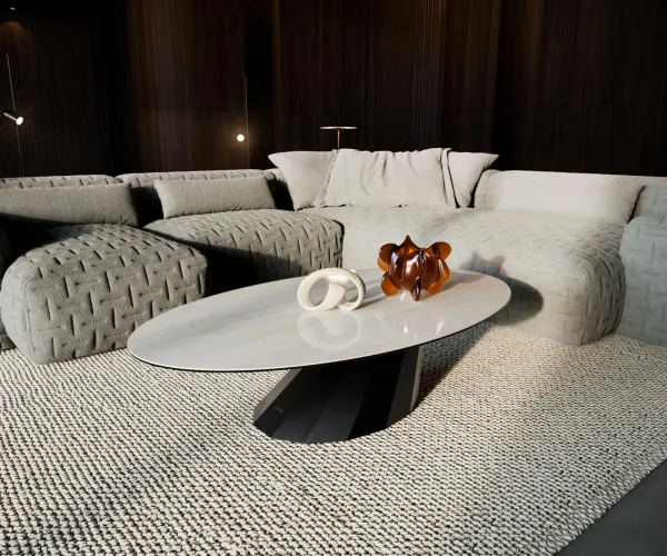 DELIFE Konferenčný stolík Edge oválny 140×80 cm keramika onyx šampanské Parabi kov čierna