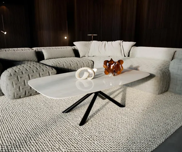 DELIFE Konferenčný stolík Edge zaoblený tvar 140×80 cm keramika onyx šampanské Sarity kov čierna