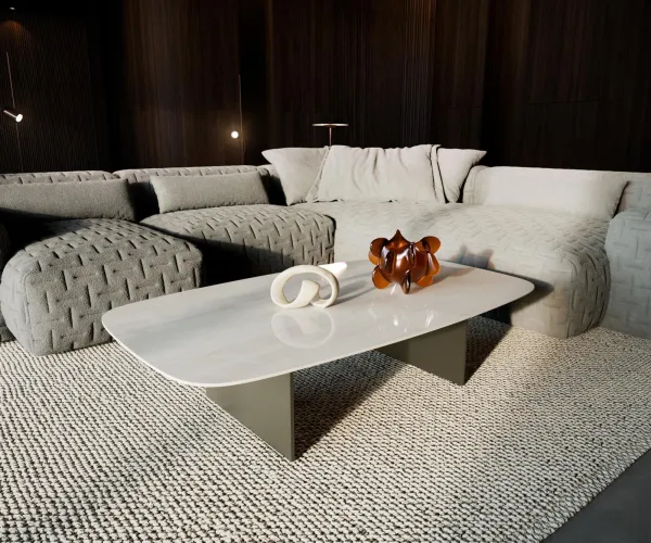 DELIFE Konferenčný stolík Edge zaoblený 140×80 cm keramika onyx šampanské Salto kov titánová farba