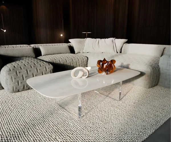 DELIFE Konferenčný stolík Edge zaoblený 140×80 cm keramika onyx champagne Lumia akryl