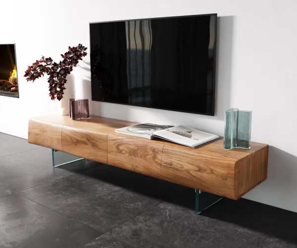 DELIFE TV stolík New Live-Edge 175 cm akácia prírodná 4 dvierka sklenená podstava
