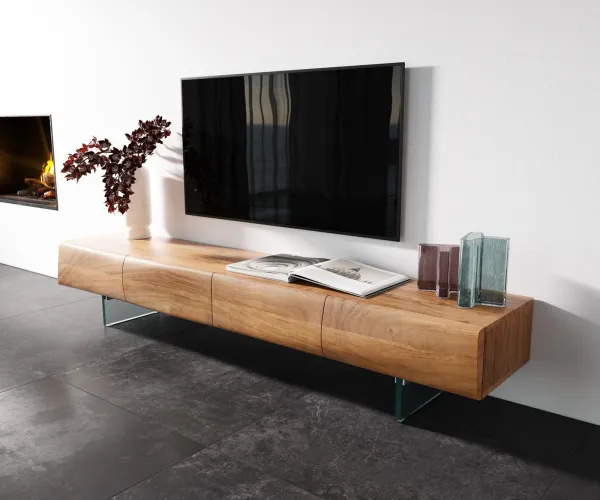 DELIFE TV stolík New Live-Edge 200 cm akácia prírodná 4 dvierka sklenená podstava