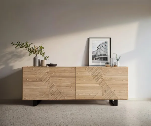 DELIFE Komoda Tereos 200 cm dub prírodná 3D efekt 4 dvierka kovová podstava čierna