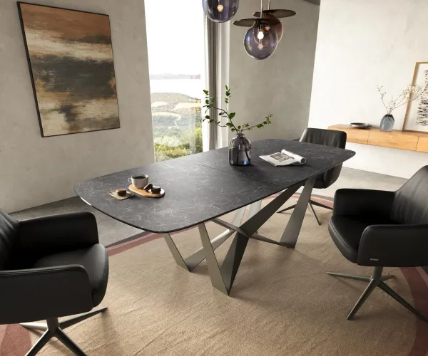 DELIFE Jedálenský stôl Edge zaoblený 180-220×100 cm keramika Laminam® Nero Greco antracitová pavúk kov metalický efekt titan rozkladací